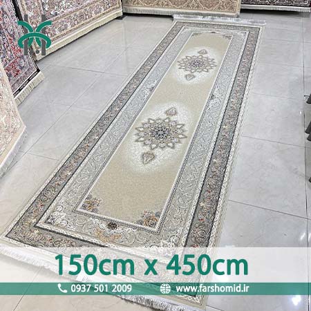 فرش ماشینی 1000 شانه سایز سفارشی 150 سانتیمتر در 450 سانتیمتر سلین صدفی ( کرم طلایی ) فرش سورنا