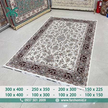 فرش ماشینی 1200 شانه 8 رنگ گلوریا افشان کرم حاشیه لاکی فرش ماهوت کویر
