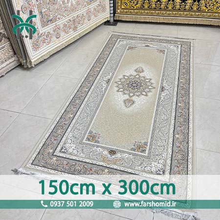 فرش ماشینی 1000 شانه سایز سفارشی 150 سانتیمتر در 300 سانتیمتر سلین صدفی ( کرم طلایی ) فرش سورنا
