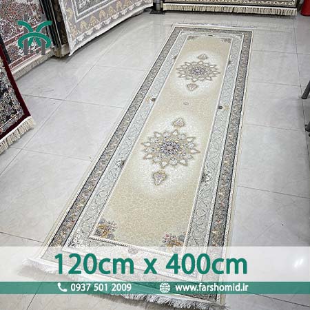 فرش ماشینی 1000 شانه سایز سفارشی 120 سانتیمتر در 4 متر سلین صدفی ( کرم طلایی ) فرش سورنا