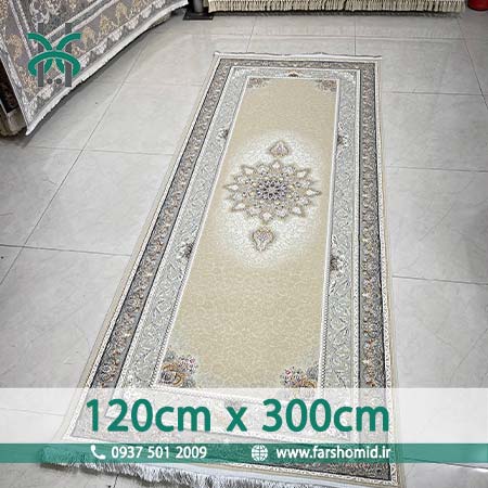 فرش ماشینی 1000 شانه سایز سفارشی 120 سانتیمتر در 3 متر سلین صدفی ( کرم طلایی ) فرش سورنا