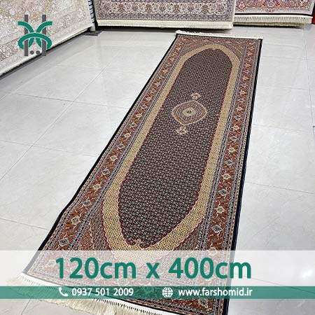 فرش ماشینی 700 شانه 8 رنگ اصل سایز سفارشی 120 سانتیمتر در 4 متر سلطان ماهی تبریز سرمه ای قالی کشمیر