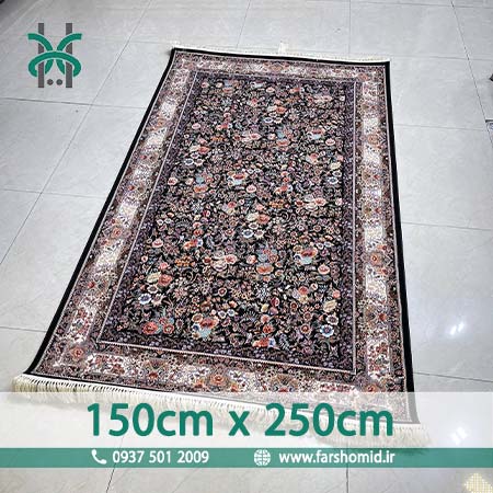 فرش ماشینی 1200 شانه 8 رنگ سایز سفارشی 150 سانتیمتر در 250 سانتیمتر گل افشان باغ گل مشکی قالی کشمیر