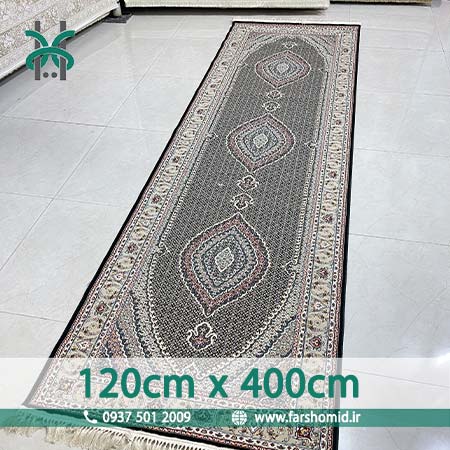 فرش ماشینی 700 شانه سایز سفارشی 120 سانتیمتر در 4 متر ماهی تبریز سرمه ای فرش سورنا