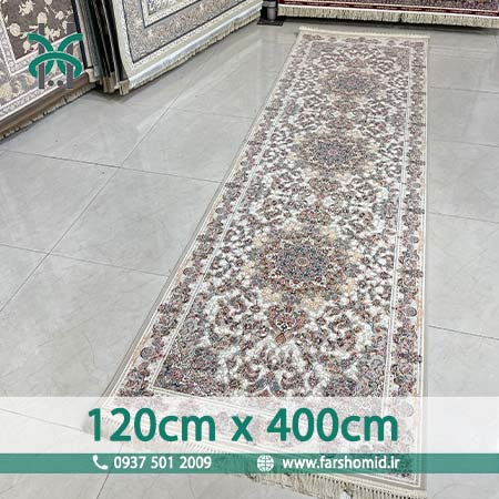 فرش ماشینی 1200 شانه گلبرجسته سایز سفارشی 120 سانتیمتر در 4 متر صدف نقره ای کلکسیون خطیبی فرش ملل افشون