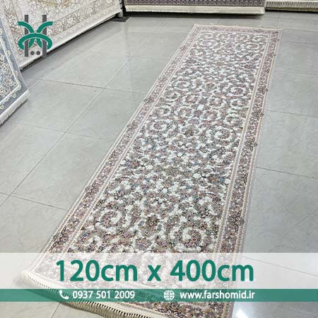 فرش ماشینی 1200 شانه گلبرجسته سایز خاص 120 سانتیمتر در 4 متر افشان کرم آیسو نقره ای کلکسیون خطیبی قالی سلیمان