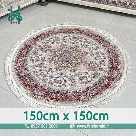 فرش ماشینی دایره 1200 شانه دایره قطر 150 سانتیمتر طرح صدف نقره ای حاشیه پیازی فرش ملل