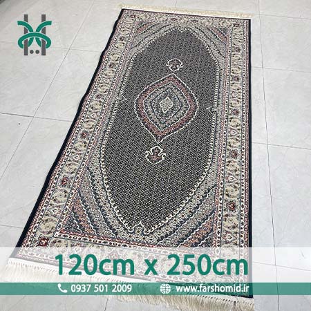 فرش ماشینی 700 شانه سایز سفارشی 120 سانتیمتر در 250 سانتیمتر ماهی تبریز سرمه ای فرش سورنا