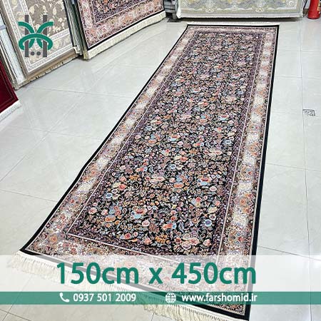 فرش ماشینی 1200 شانه 8 رنگ سایز سفارشی 150 سانتیمتر در 450 سانتیمتر گل افشان باغ گل مشکی قالی کشمیر