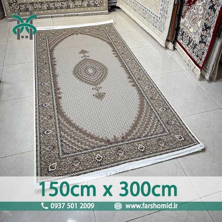 فرش ماشینی 1200 شانه 8 رنگ سایز سفارشی 150 سانتیمتر در 3 متر ماهی اصیل تبریز کرم کد 1201 فرش ماهوت کویر