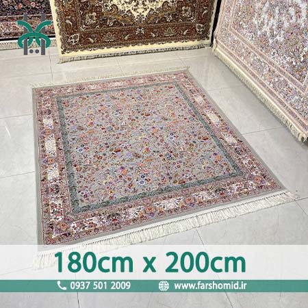 فرش ماشینی 1200 شانه سایز سفارشی 180 سانتیمتر در 2 متر 8 رنگ گل افشان باغ گل طوسی الماسی قالی کشمیر