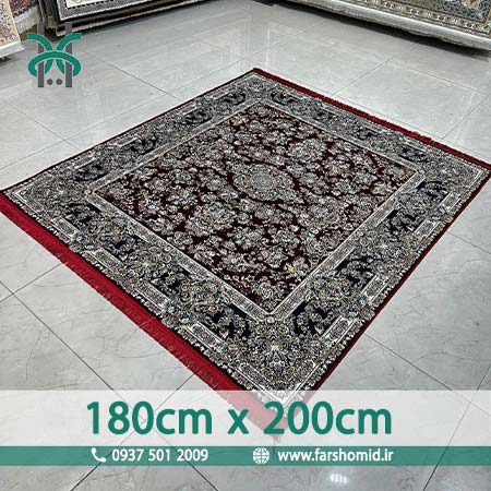 فرش ماشینی 1200 شانه 8 رنگ سایز سفارشی 180 سانتیمتر در 2 متر گلوریا افشان لاکی حاشیه سرمه ای فرش ماهوت کویر