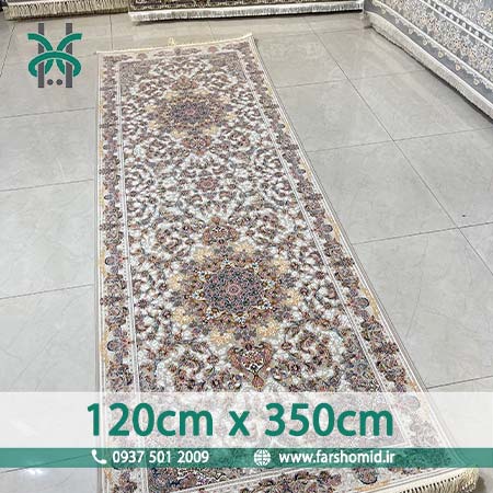 فرش ماشینی 1200 شانه گلبرجسته سایز سفارشی 120 سانتیمتر در 350 سانتیمتر صدف نقره ای کلکسیون خطیبی فرش ملل افشون