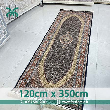 فرش ماشینی 700 شانه 8 رنگ اصل سایز سفارشی 120 سانتیمتر در 350 سانتیمتر سلطان ماهی تبریز سرمه ای قالی کشمیر
