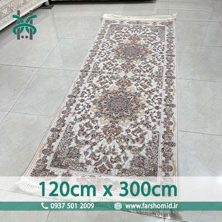 فرش ماشینی 1200 شانه گلبرجسته سایز سفارشی 120 سانتیمتر در 3 متر صدف نقره ای کلکسیون خطیبی فرش ملل افشون