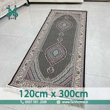 فرش ماشینی 700 شانه سایز سفارشی 120 سانتیمتر در 3 متر ماهی تبریز سرمه ای فرش سورنا