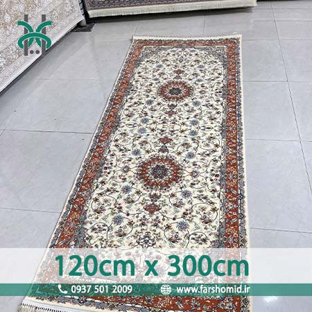 فرش ماشینی 700 شانه سایز سفارشی 120 سانتیمتر در 3 متر ۸ رنگ اصل ایلیا کرم حاشیه گلبهی قالی کشمیر