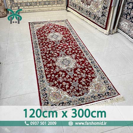 فرش ماشینی 700 شانه ۸ رنگ اصل سایز سفارشی 120 سانتیمتر در 3 متر گل آذین لاکی قالی کشمیر
