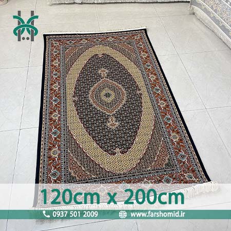فرش ماشینی 700 شانه 8 رنگ اصل سایز سفارشی 120 سانتیمتر در 2 متر سلطان ماهی تبریز سرمه ای قالی کشمیر