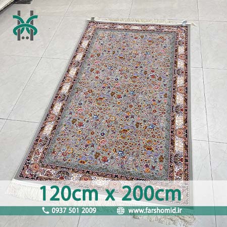 فرش ماشینی 1200 شانه سایز سفارشی 120 سانتیمتر در 2 متر 8 رنگ گل افشان باغ گل طوسی الماسی قالی کشمیر