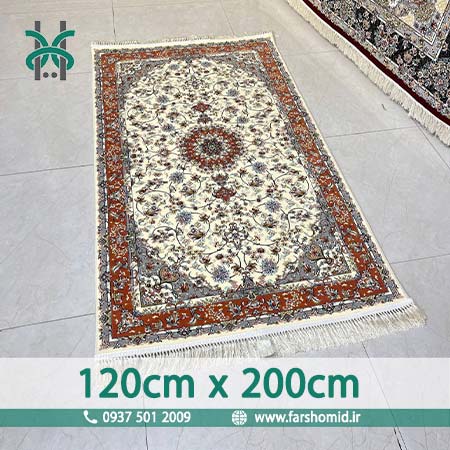 فرش ماشینی 700 شانه سایز سفارشی 120 سانتیمتر در 2 متر ۸ رنگ اصل ایلیا کرم حاشیه گلبهی قالی کشمیر