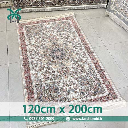 فرش ماشینی 1200 شانه گلبرجسته سایز سفارشی 120 سانتیمتر در 2 متر صدف کرم حاشیه پیازی کلکسیون خطیبی فرش ملل افشون