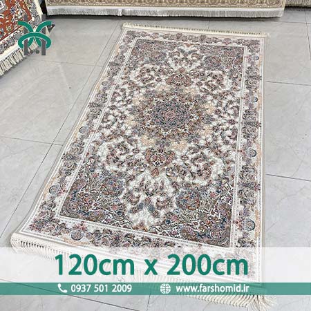 فرش ماشینی 1200 شانه گلبرجسته سایز سفارشی 120 سانتیمتر در 2 متر صدف نقره ای کلکسیون خطیبی فرش ملل افشون