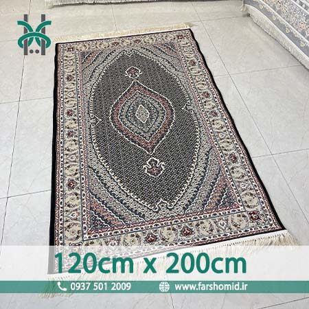 فرش ماشینی 700 شانه سایز سفارشی 120 سانتیمتر در 2 متر ماهی تبریز سرمه ای فرش سورنا