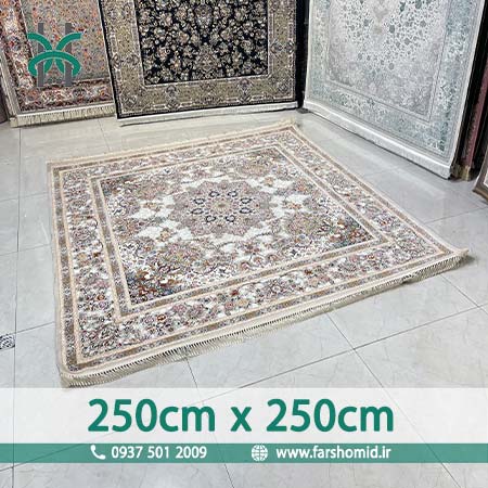 فرش ماشینی 1200 شانه گلبرجسته مربع 250 سانتیمتر در 250 سانتیمتر خطیبی کرم جواهر نقره ای فرش ملل