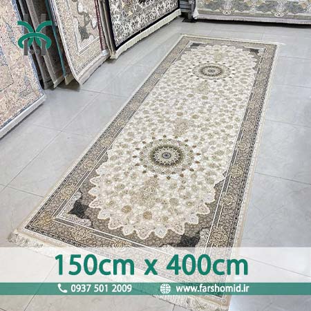 فرش ماشینی 1200 شانه سایز 150 سانتیمتر در 4 متر گلبرجسته نایین کرم خاطره کویر کاشان