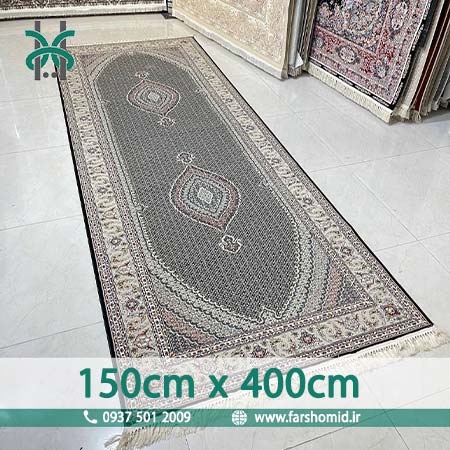 فرش ماشینی 700 شانه سایز سفارشی 150 سانتیمتر در 4 متر ماهی تبریز سرمه ای فرش سورنا