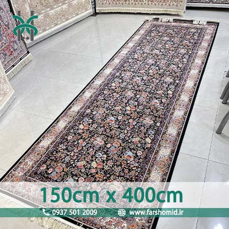 فرش ماشینی 1200 شانه 8 رنگ سایز سفارشی 150 سانتیمتر در 4 متر گل افشان باغ گل مشکی قالی کشمیر