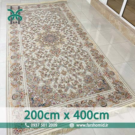 فرش ماشینی 1200 شانه گلبرجسته سایز سفارشی 2 متر در 4 متر صدف نقره ای کلکسیون خطیبی فرش ملل افشون
