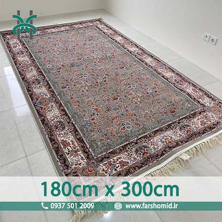 فرش ماشینی 1200 شانه سایز سفارشی 180 سانتیمتر در 3 متر 8 رنگ گل افشان باغ گل طوسی الماسی قالی کشمیر
