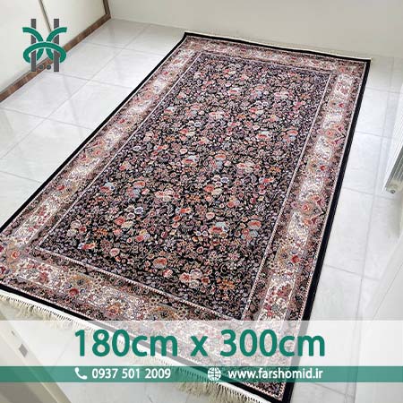 فرش ماشینی 1200 شانه 8 رنگ سایز سفارشی 180 سانتیمتر در 3 متر گل افشان باغ گل مشکی قالی کشمیر