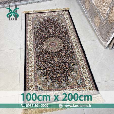 کناره فرش ماشینی 1200 شانه 8 رنگ دایره یک متر در دو متر صاحبقران سرمه ای فرش سورنا