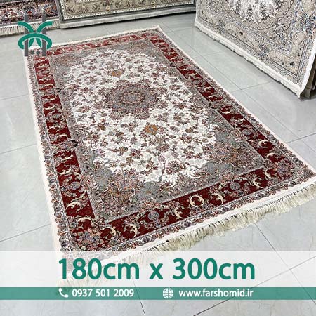 فرش ماشینی 1200 شانه 8 رنگ سایز سفارشی 180 سانتیمتر در 3 متر فردوس کرم حاشیه لاکی قالی کشمیر