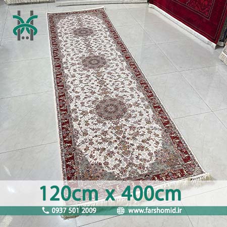 فرش ماشینی 1200 شانه 8 رنگ سایز سفارشی 120 سانتیمتر در 4 متر فردوس کرم حاشیه لاکی قالی کشمیر