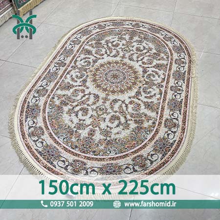 فرش ماشینی 1200 شانه گلبرجسته بیضی 150 سانتیمتر در 225 سانتیمتر افشان تمنا نقره ای قالی سلیمان