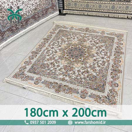 فرش ماشینی 1200 شانه گلبرجسته سایز سفارشی 180 سانتیمتر در 2 متر صدف نقره ای کلکسیون خطیبی فرش ملل افشون
