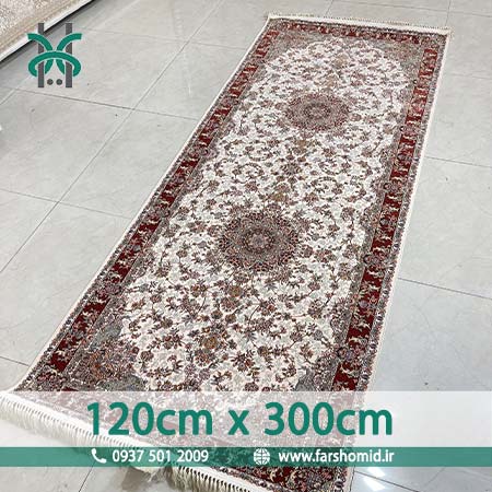 فرش ماشینی 1200 شانه 8 رنگ سایز سفارشی 120 سانتیمتر در 3 متر فردوس کرم حاشیه لاکی قالی کشمیر