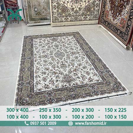 فرش ماشینی 1200 شانه 8 رنگ گلوریا افشان کرم حاشیه گردویی فرش ماهوت کویر