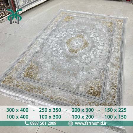 فرش ماشینی 1200 شانه وینتیج کد 21094 طوسی طلایی کلکسیون پاسارگاد پلاس فرش افشون