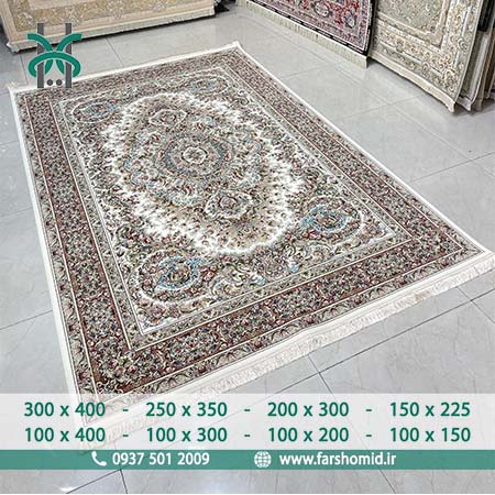 فرش ماشینی 1500 شانه 8 رنگ موج مهر کرم حاشیه پیازی نوین فر فرش سورنا