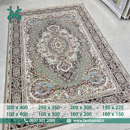 فرش ماشینی 1500 شانه 8 رنگ موج مهر ترمه ( طوسی الماسی ) حاشیه سرمه ای نوین فر فرش سورنا
