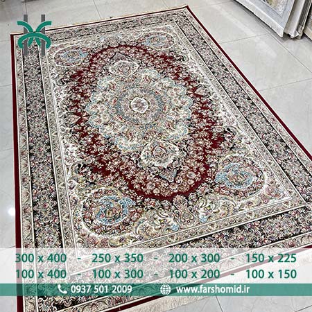 فرش ماشینی 1500 شانه 8 رنگ موج مهر مارون ( قرمز لاکی ) حاشیه سرمه ای نوین فر فرش سورنا