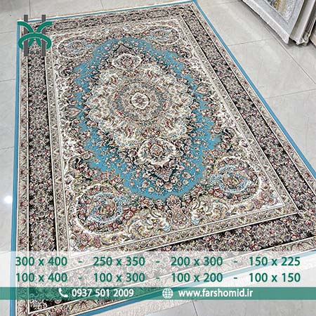 فرش ماشینی 1500 شانه 8 رنگ موج مهر آبی الماسی حاشیه سرمه ای نوین فر فرش سورنا